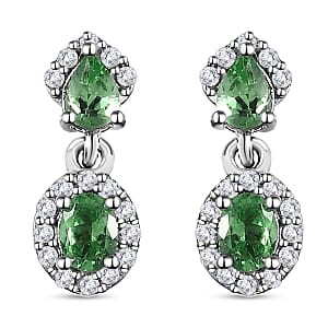 Tsavorite Garnet and White Zircon Dangle Earrings in Platinum Over Sterling Silver 1.10 ctw