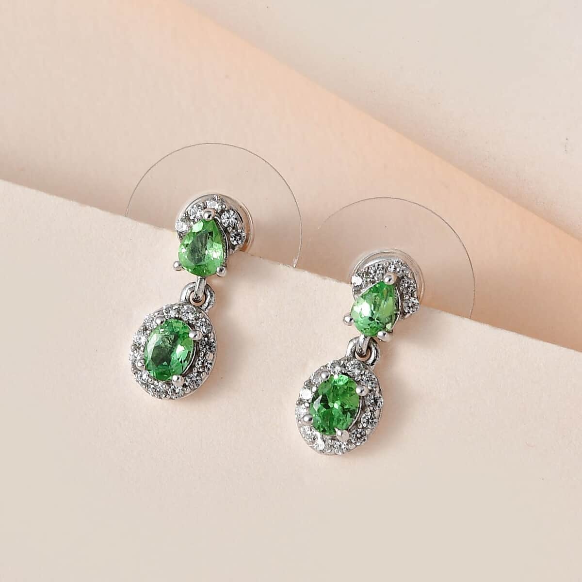 Tsavorite Garnet and White Zircon Dangle Earrings in Platinum Over Sterling Silver 1.10 ctw image number 1