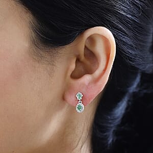 Tsavorite Garnet and White Zircon Dangle Earrings in Platinum Over Sterling Silver 1.10 ctw