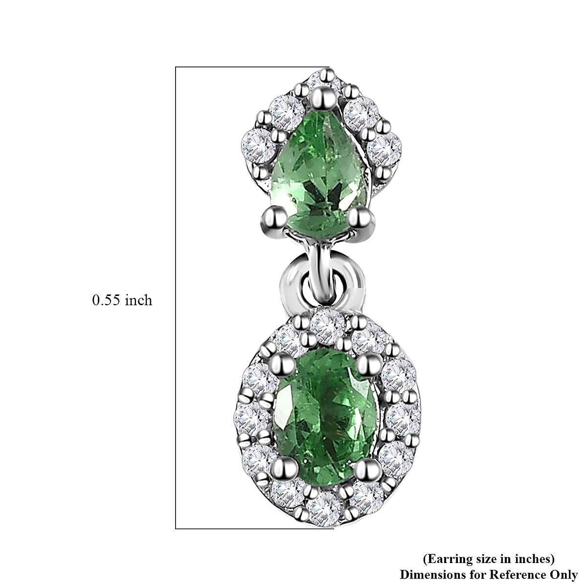 Tsavorite Garnet and White Zircon Dangle Earrings in Platinum Over Sterling Silver 1.10 ctw