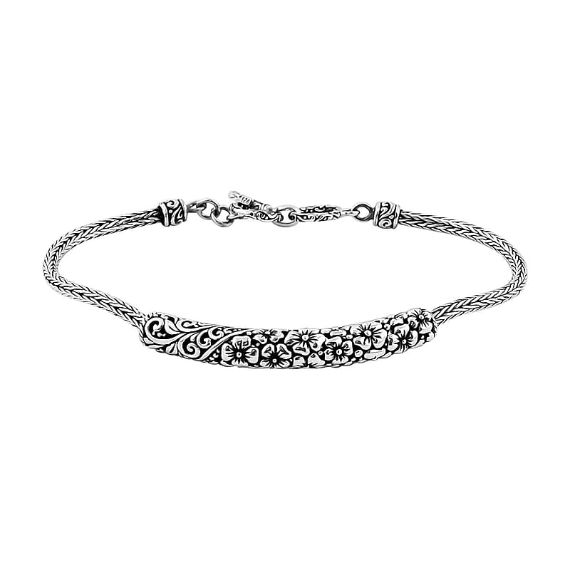 Bali Legacy Sterling Silver Toggle Clasp Frangipani with Filigree Bracelet (6.50-8.0In) 11.90 Grams