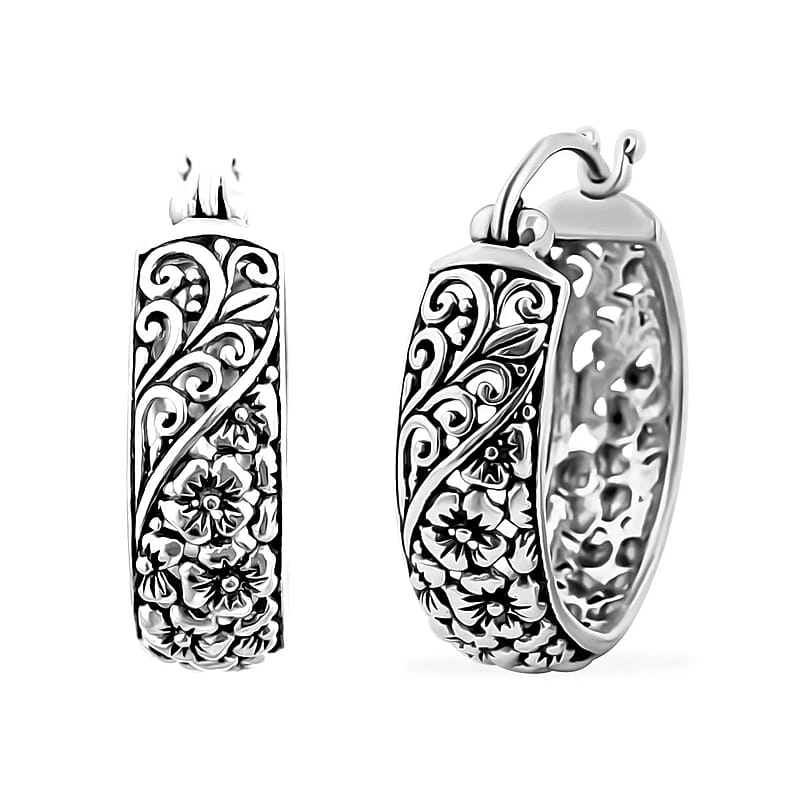Bali Legacy Sterling Silver Frangipani with Filigree Hoop Earrings 7.10 Grams
