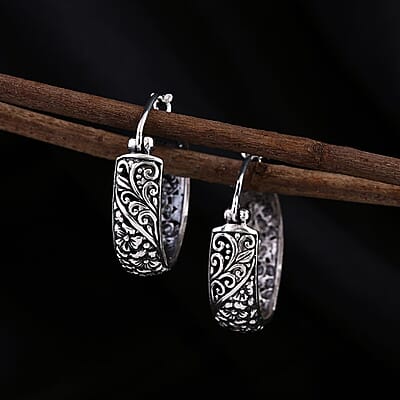 Bali Legacy Sterling Silver Frangipani with Filigree Hoop Earrings 7.10 Grams