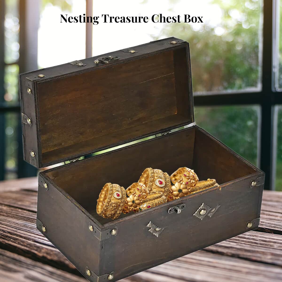 Solid Brown European Style Wooden Box with Decorative Metal Dots (9.8"x5.1"x5.1") image number 1