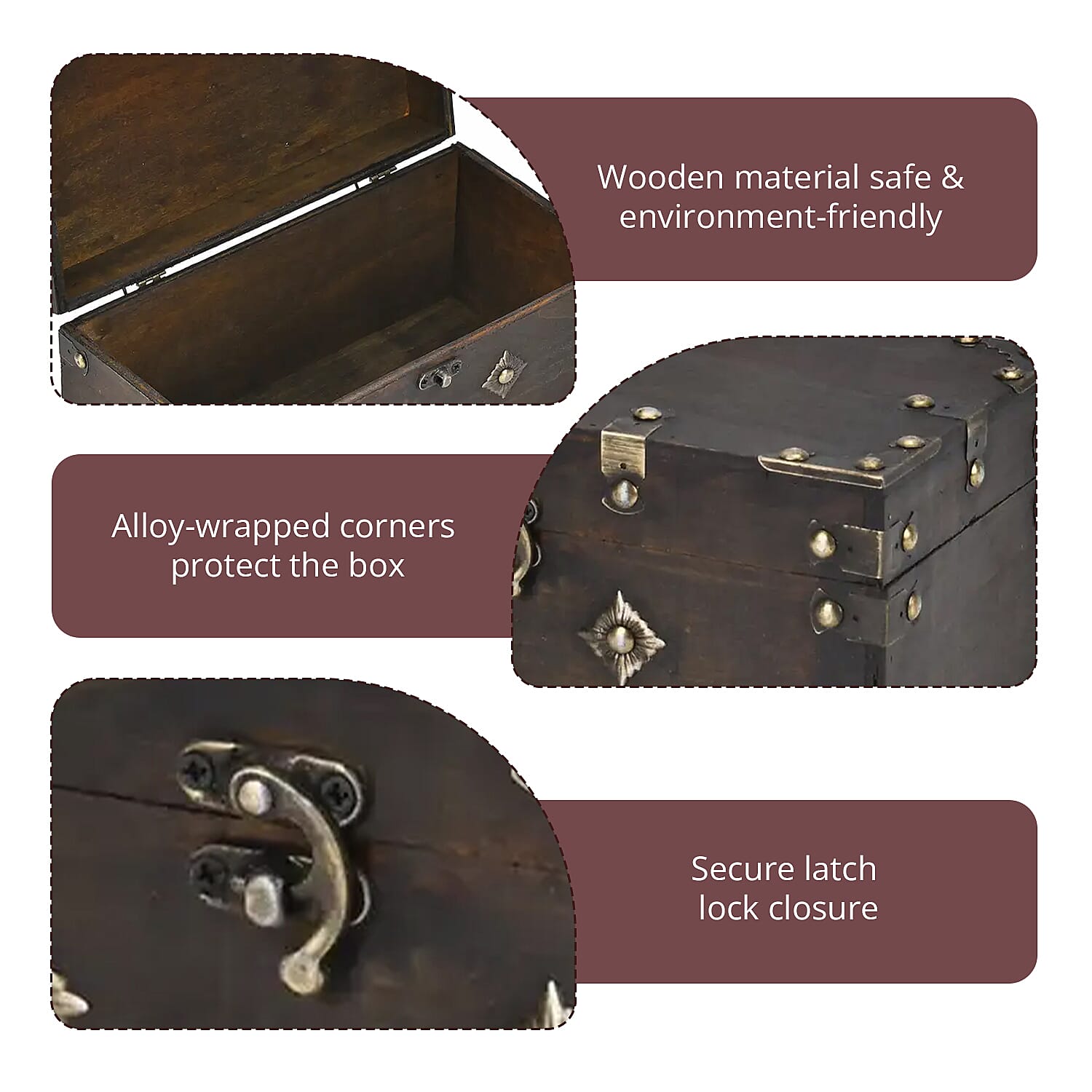Solid Brown European Style Wooden Box with Decorative Metal Dots