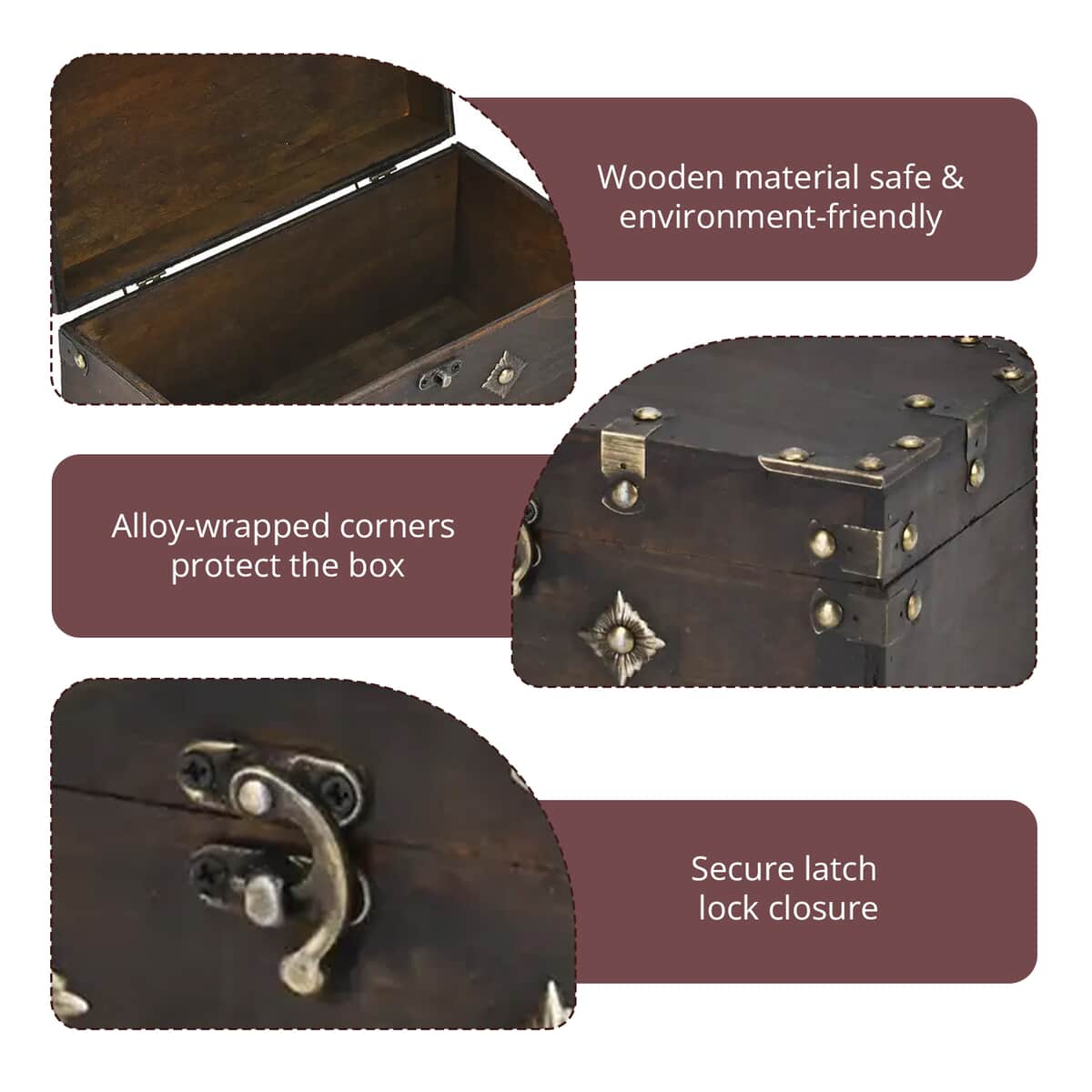 Solid Brown European Style Wooden Box with Decorative Metal Dots (9.8"x5.1"x5.1") image number 2