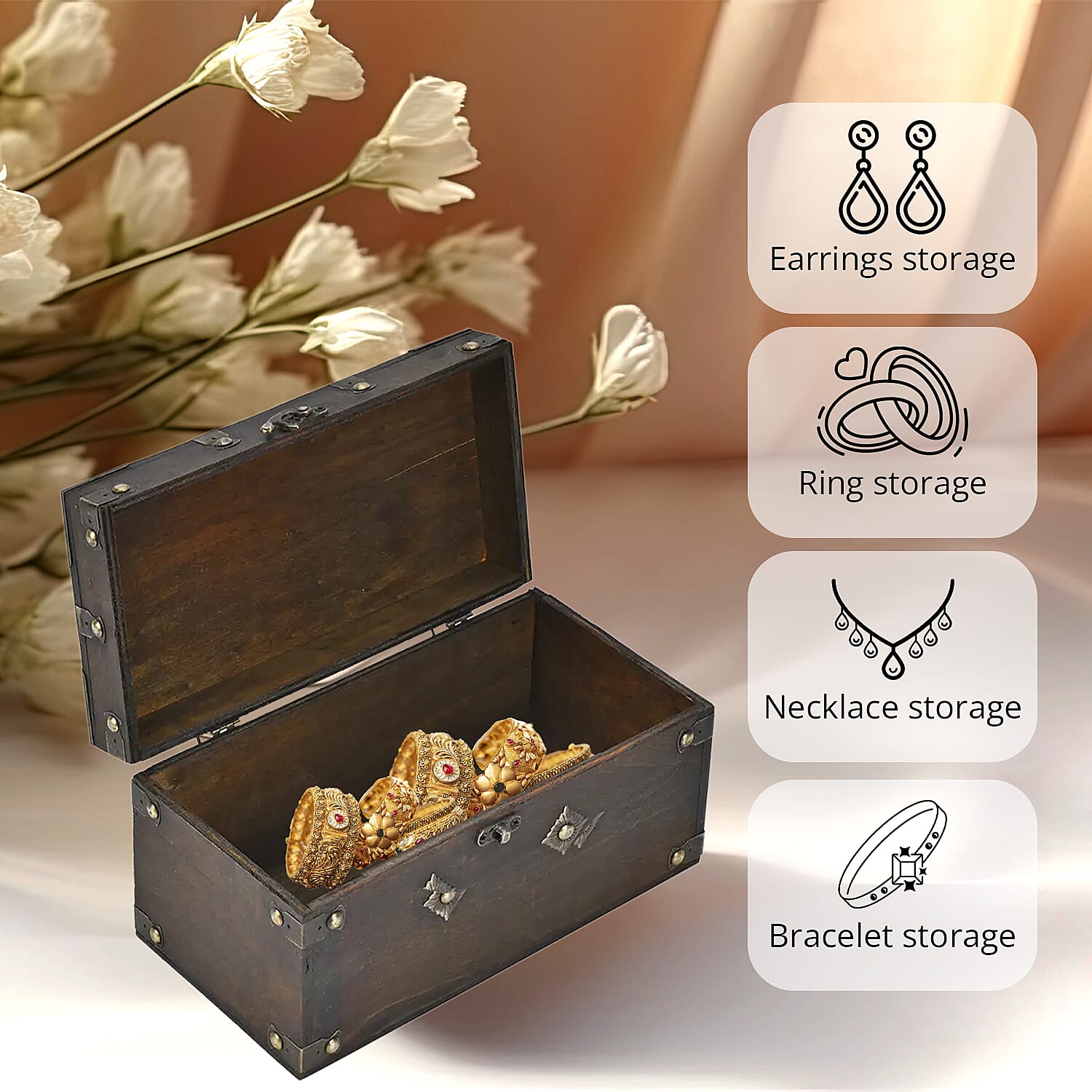 Solid Brown European Style Wooden Box with Decorative Metal Dots
