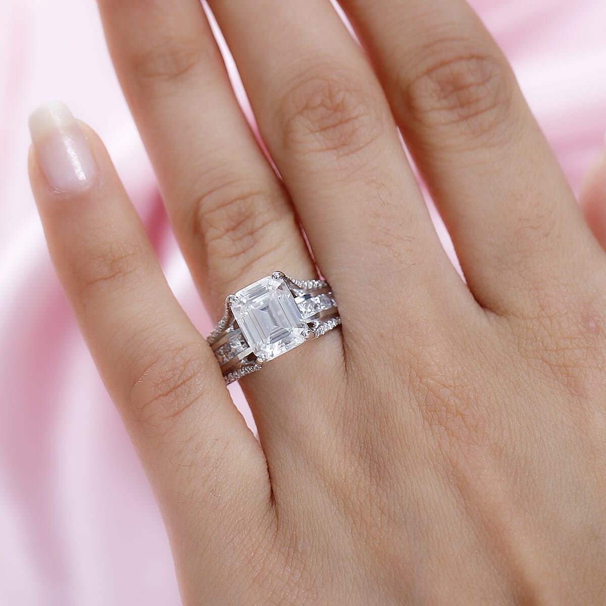 Moissanite (Oct 10x8mm) Ring in Platinum Over Sterling Silver (Size 7.0) 4.90 ctw image number 2