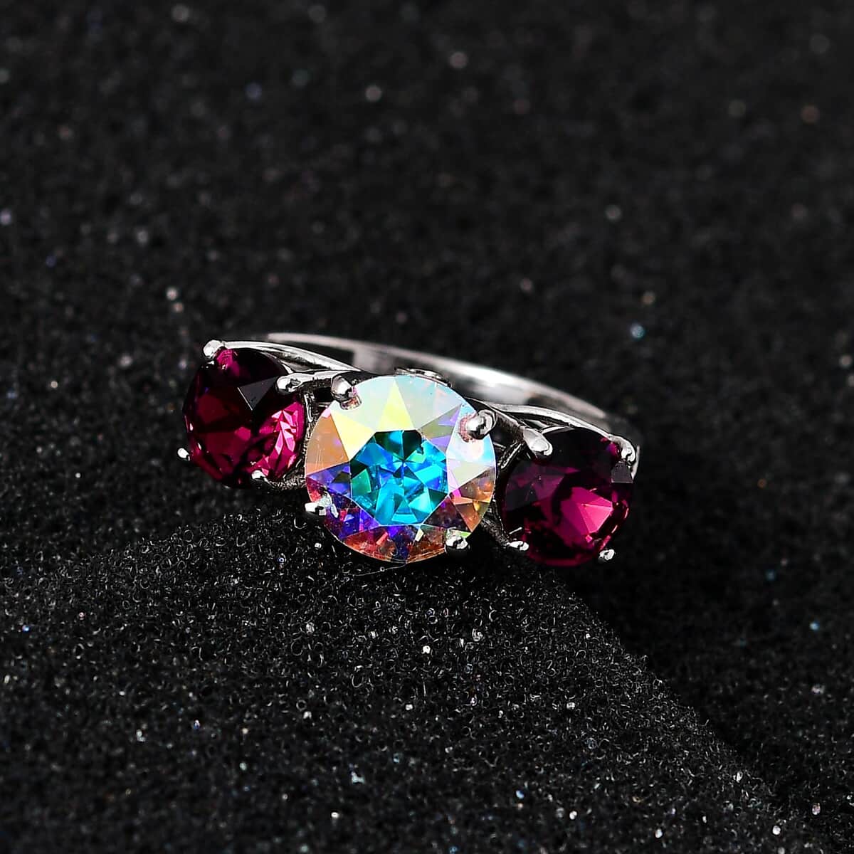 Designer Premium Aurora Borealis and Foilback Amethyst Color Austrian Crystal, White Zircon Ring in Platinum Over Sterling Silver (Size 7.0) 0.15 ctw image number 1