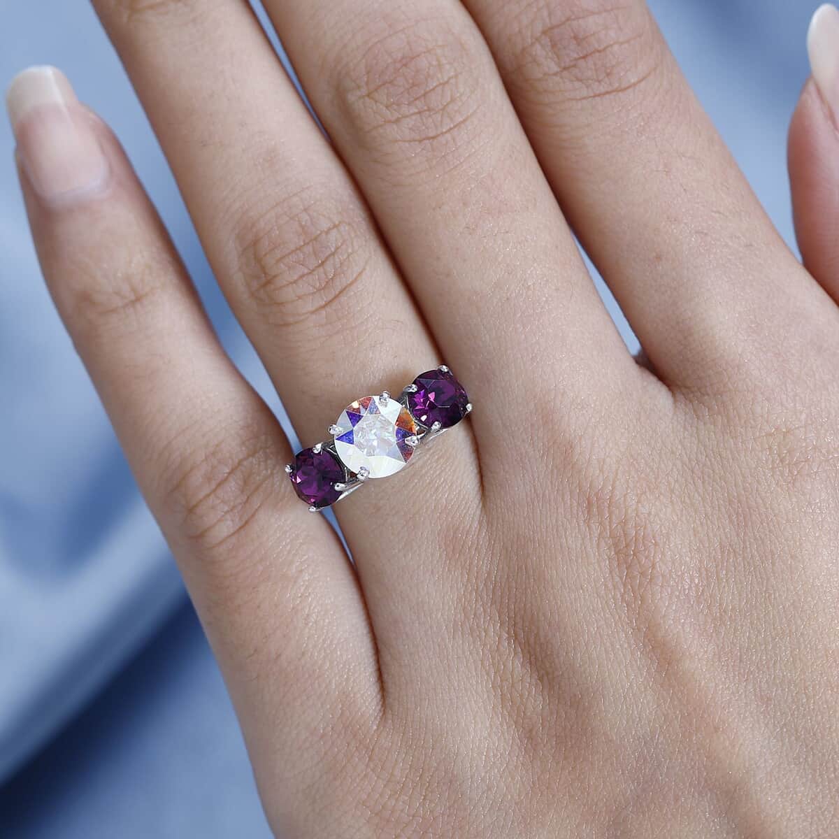 Designer Premium Aurora Borealis and Foilback Amethyst Color Austrian Crystal, White Zircon Ring in Platinum Over Sterling Silver (Size 7.0) 0.15 ctw image number 2