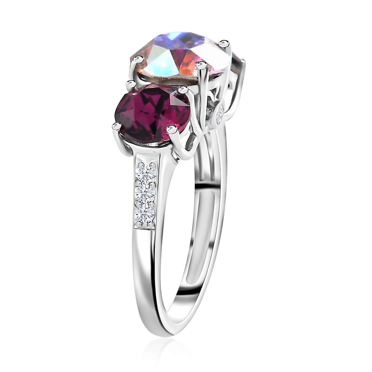 Designer Premium Aurora Borealis and Foilback Amethyst Color Austrian Crystal, White Zircon Ring in Platinum Over Sterling Silver (Size 7.0) 0.15 ctw image number 3