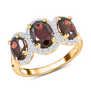 14K Yellow Gold Red Zircon and Diamond Trilogy Halo Ring (Size 4.5) 4.30 Grams 4.85 ctw