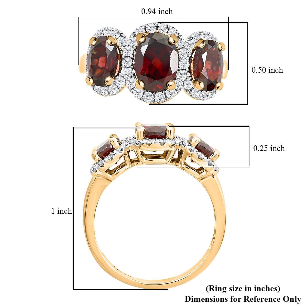 14K Yellow Gold Red Zircon and Diamond Trilogy Halo Ring (Size 4.5) 4.30 Grams 4.85 ctw image number 5
