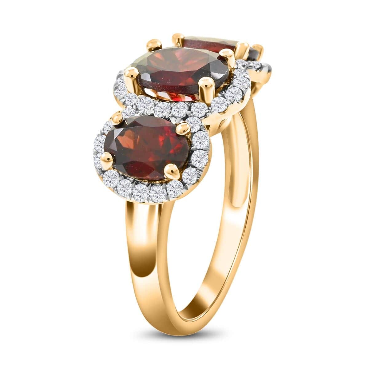 14K Yellow Gold Red Zircon and Diamond Trilogy Halo Ring (Size 5.5) 4.30 Grams 4.85 ctw image number 3