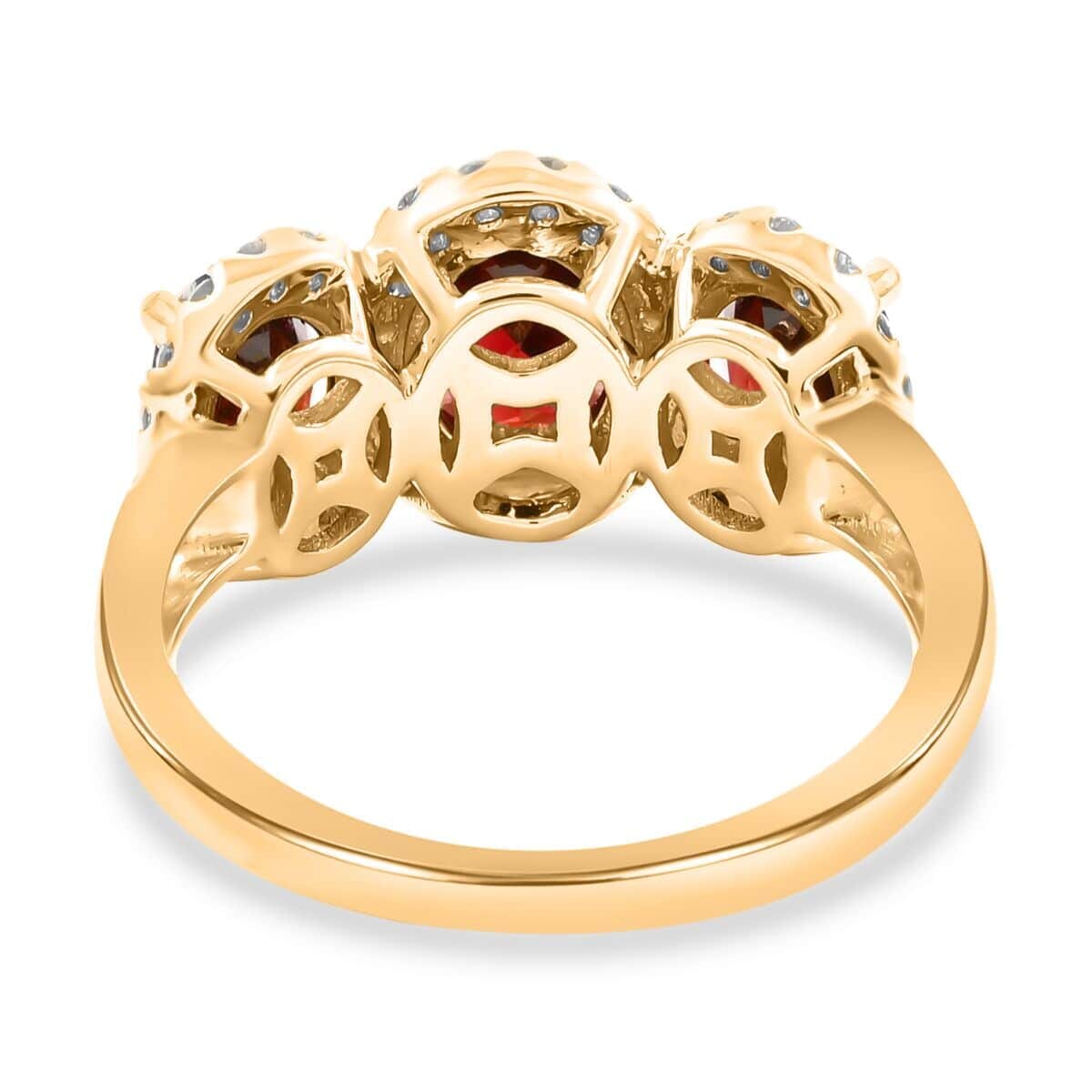 14K Yellow Gold Red Zircon and Diamond Trilogy Halo Ring (Size 5.5) 4.30 Grams 4.85 ctw image number 4