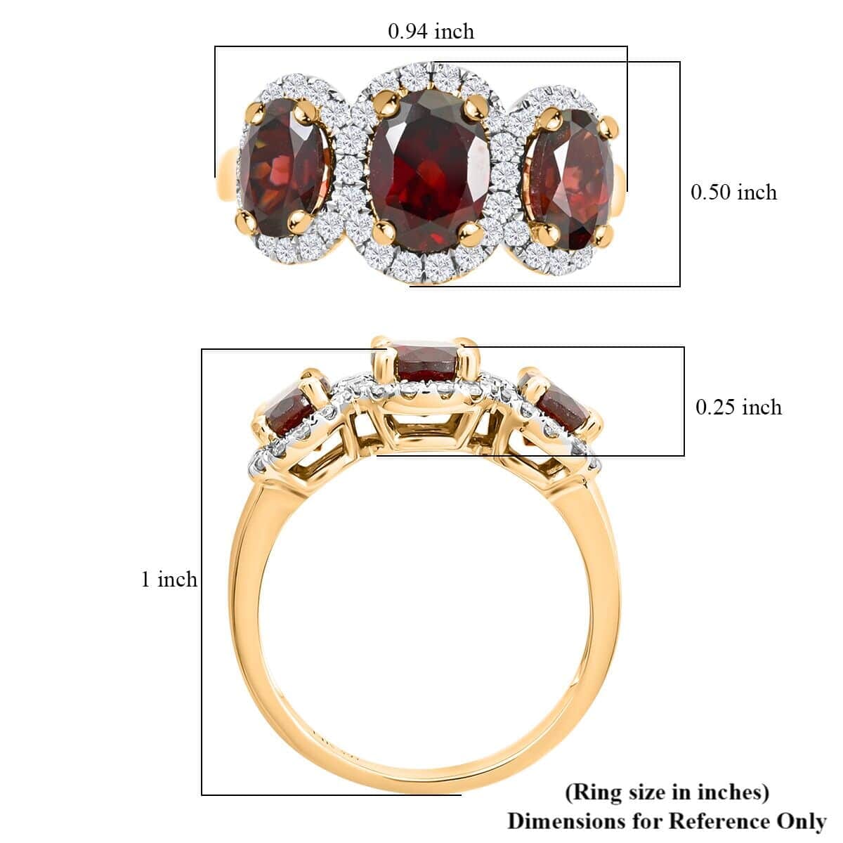 14K Yellow Gold Red Zircon and Diamond Trilogy Halo Ring (Size 5.5) 4.30 Grams 4.85 ctw image number 5