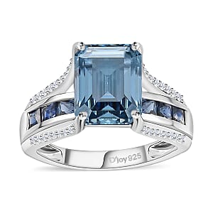 Blue Moissanite and Multi Gemstone Bridge Ring in Platinum Over Sterling Silver (Size 7.0) 5.00 ctw