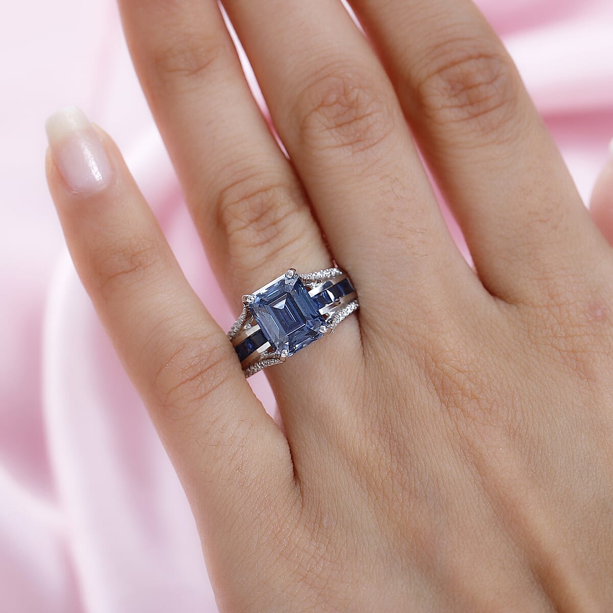 Blue Moissanite and Multi Gemstone Bridge Ring in Platinum Over Sterling Silver (Size 7.0) 5.00 ctw image number 2