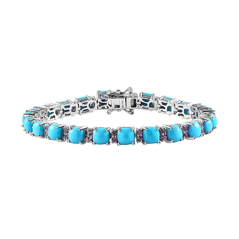 Sleeping Beauty Turquoise and Madagascar Pink Sapphire Bracelet in Platinum Over Sterling Silver (6.50 In) 12.90 ctw