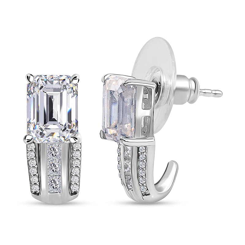 Moissanite Bridge J-Hoop Earrings in Platinum Over Sterling Silver 3.80 ctw