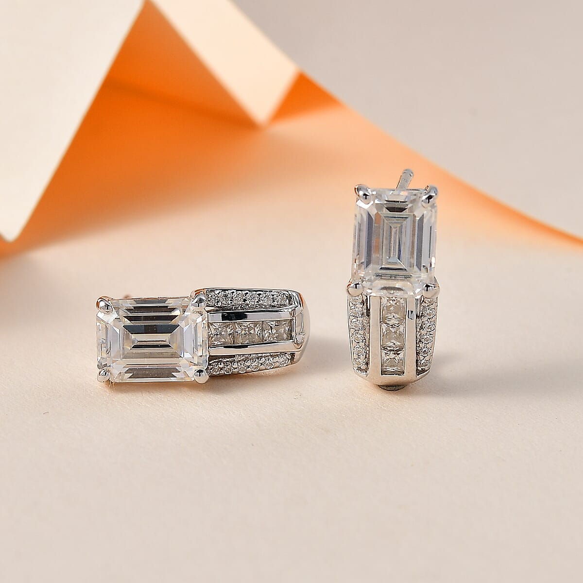 Moissanite (Oct 8x6mm) J-Hoop Earrings in Platinum Over Sterling Silver 3.80 ctw image number 1