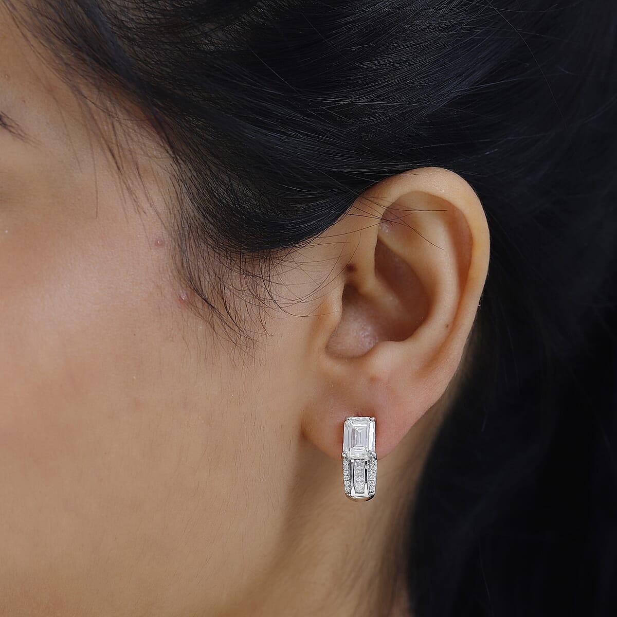 Moissanite (Oct 8x6mm) J-Hoop Earrings in Platinum Over Sterling Silver 3.80 ctw image number 2