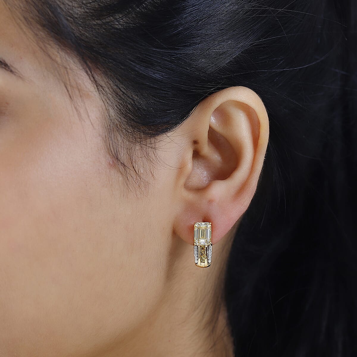 Yellow Moissanite and Multi Gemstone Bridge J-Hoop Earrings in Vermeil Yellow Gold Over Sterling Silver 3.75 ctw image number 2