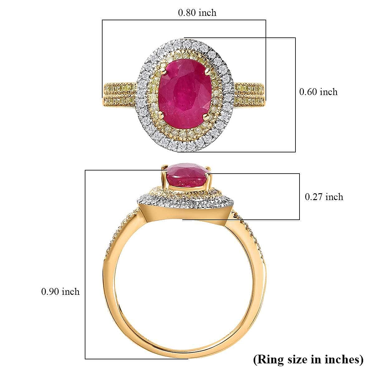 Luxoro 14K Yellow Gold AAA Montepuez Ruby, I2-I3 Natural Yellow and White Diamond Double Halo Ring (Size 10.5) 1.90 ctw
