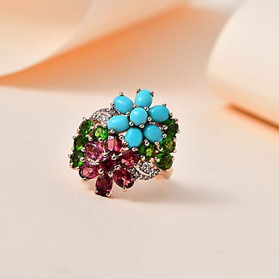 Orissa Rhodolite Garnet and Multi Gemstone Floral Ring in Vermeil Rose Gold Sterling Silver (Size 10.0) 3.60 ctw