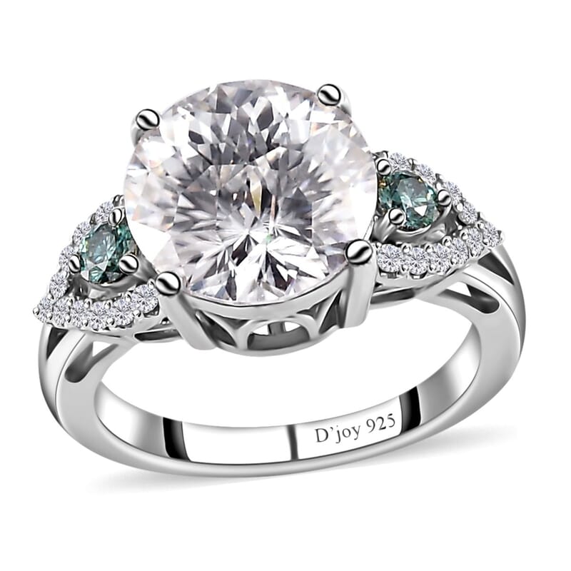 Emperor Cut Moissanite and Blue Moissanite Ring in Platinum Over Sterling Silver (Size 10.0) 3.85 ctw