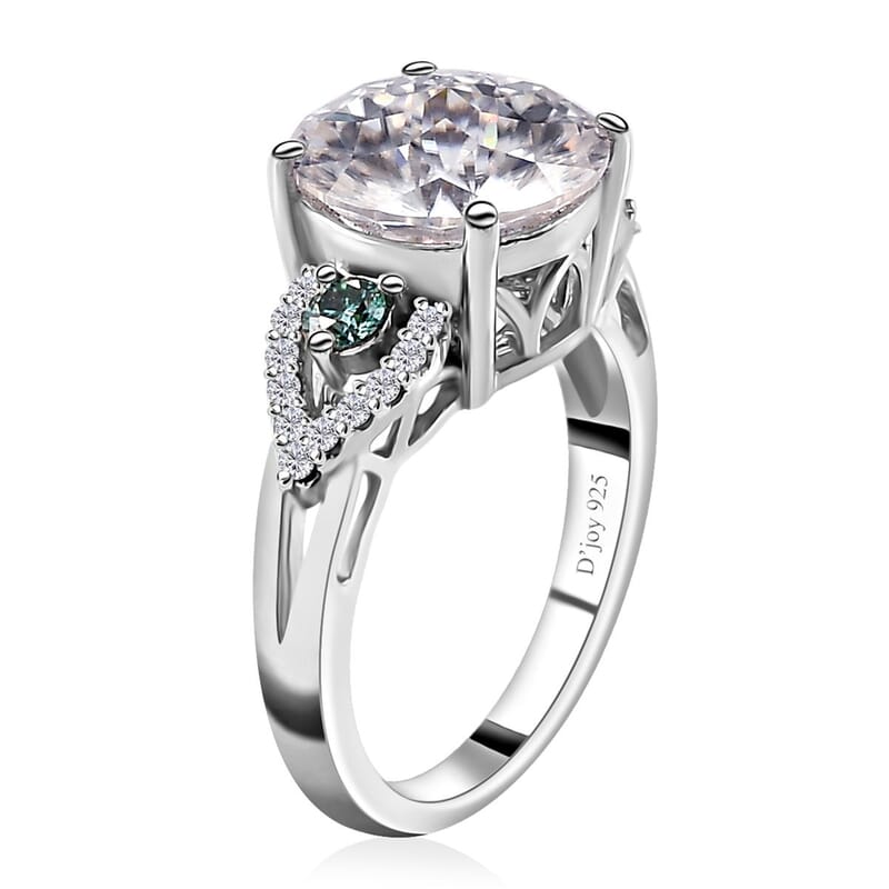 Emperor Cut Moissanite and Blue Moissanite Ring in Platinum Over Sterling Silver (Size 10.0) 3.85 ctw