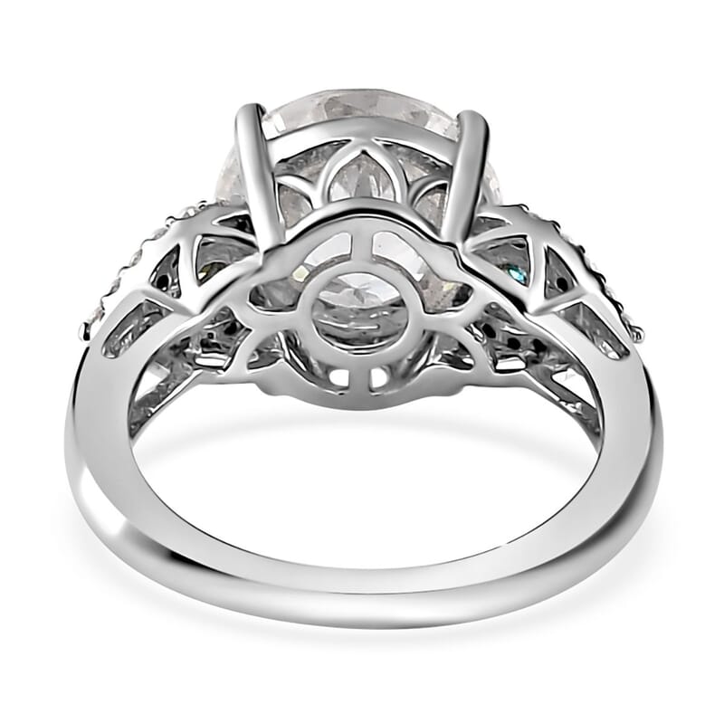 Emperor Cut Moissanite and Blue Moissanite Ring in Platinum Over Sterling Silver (Size 10.0) 3.85 ctw