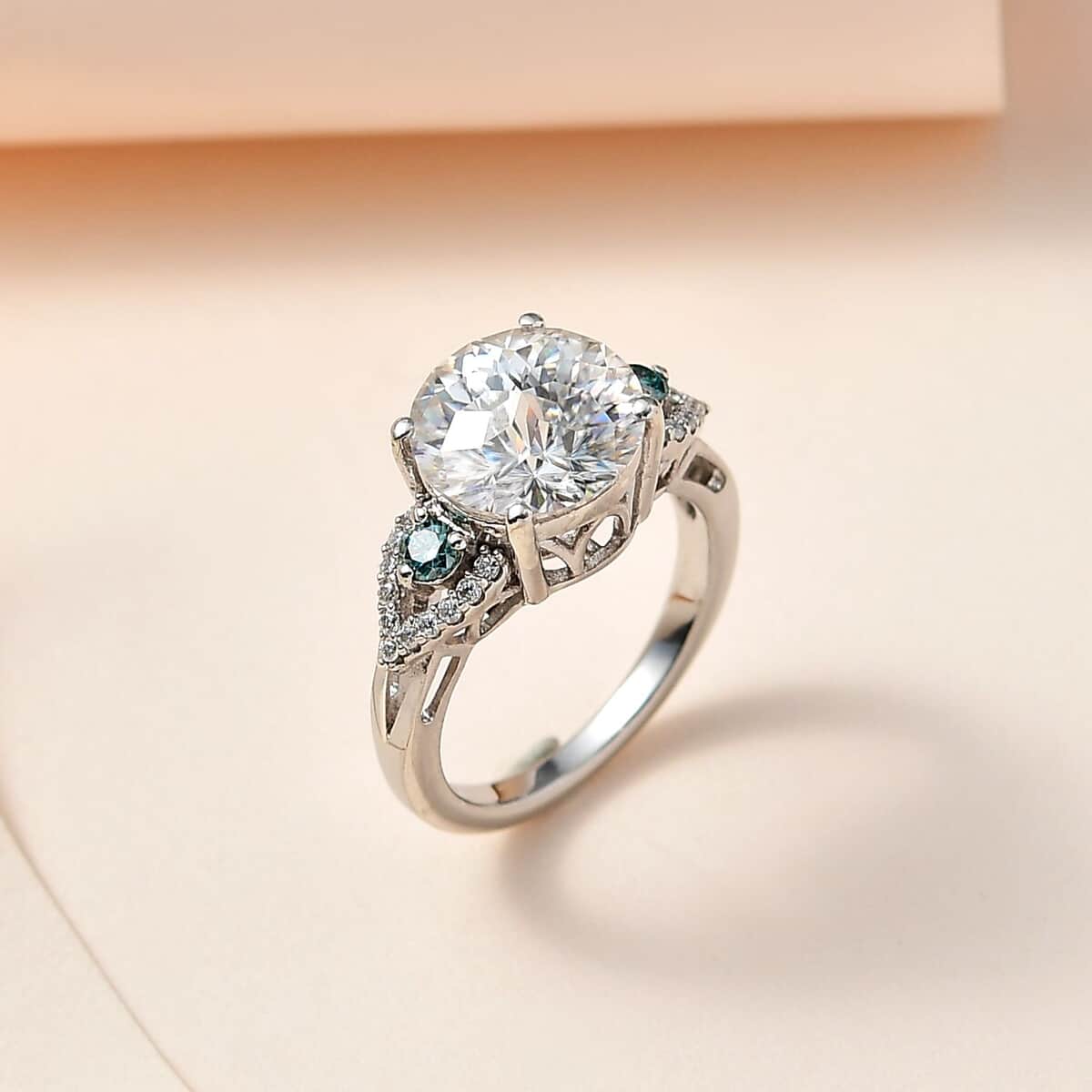 Emperor Cut Moissanite and Blue Moissanite Ring in Platinum Over Sterling Silver (Size 5.0) 3.85 ctw image number 1