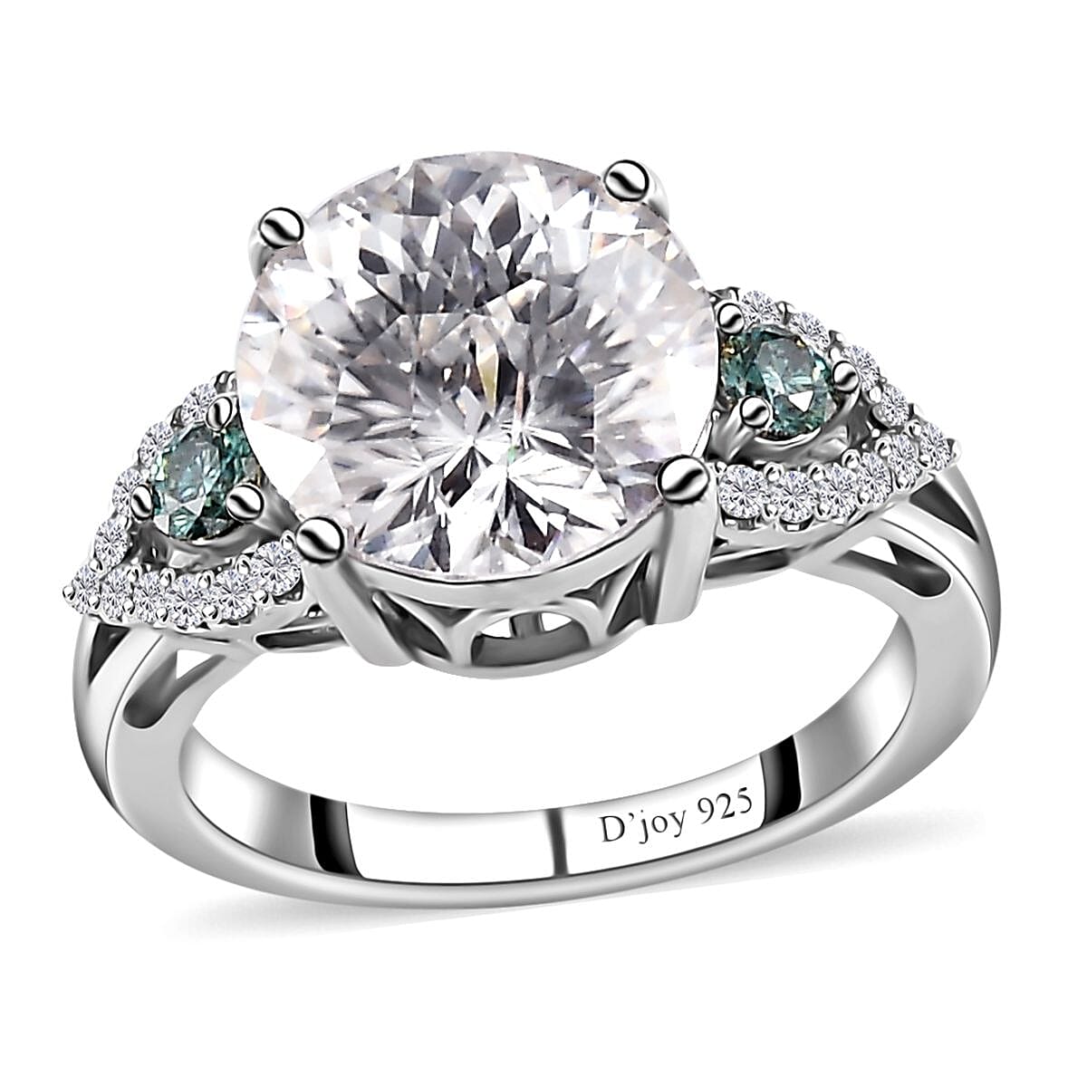 Emperor Cut Moissanite and Blue Moissanite Ring in Platinum Over Sterling Silver (Size 7.0) 3.85 ctw