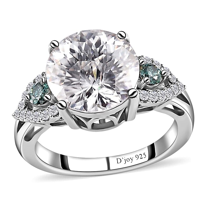 Emperor Cut Moissanite and Blue Moissanite Ring in Platinum Over Sterling Silver (Size 7.0) 3.85 ctw