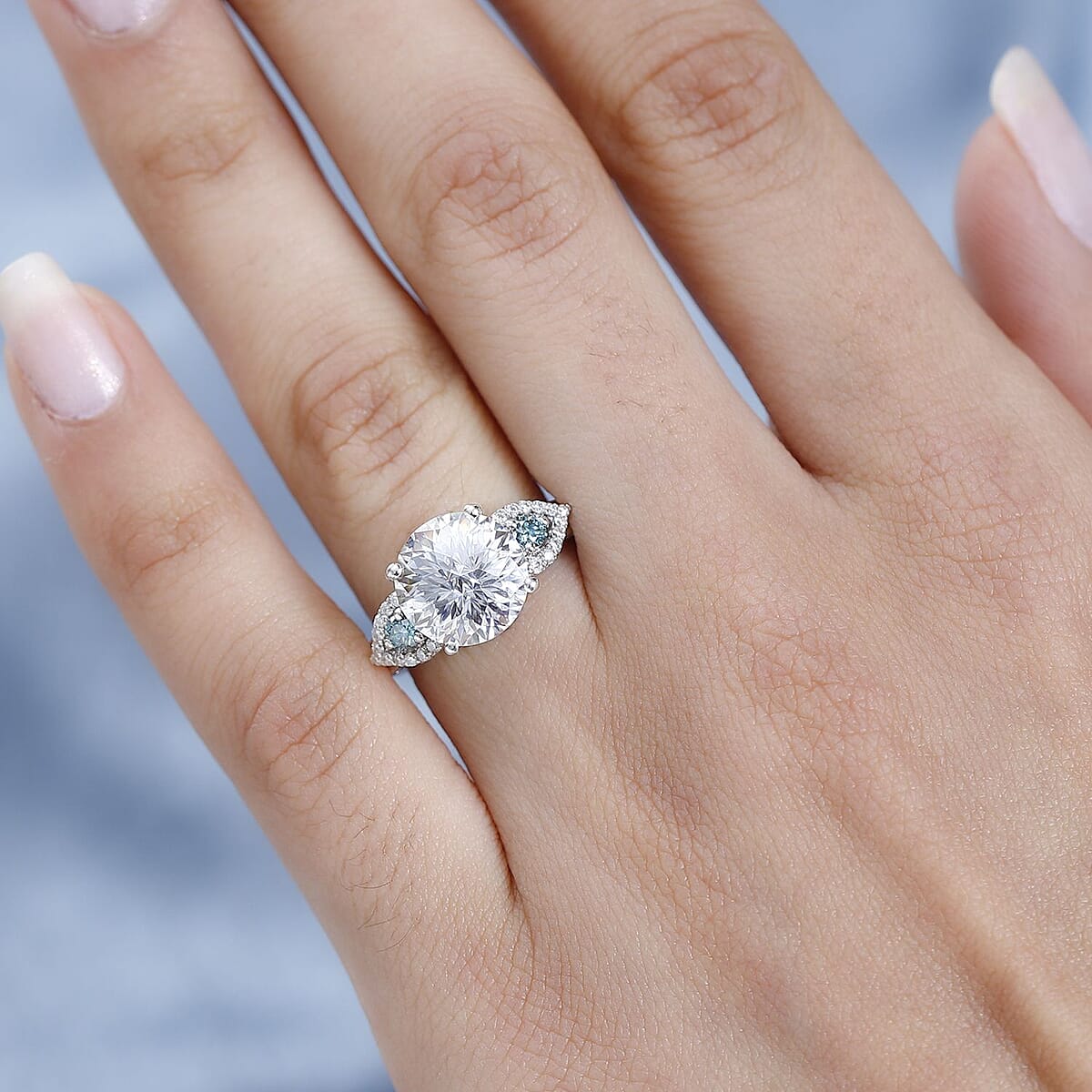 Emperor Cut Moissanite and Blue Moissanite Ring in Platinum Over Sterling Silver (Size 9.0) 3.85 ctw image number 2