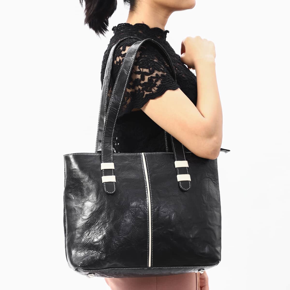 Black Genuine Leather Tote Bag image number 3