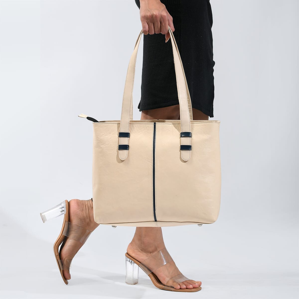 Cream Genuine Leather Tote Bag image number 2