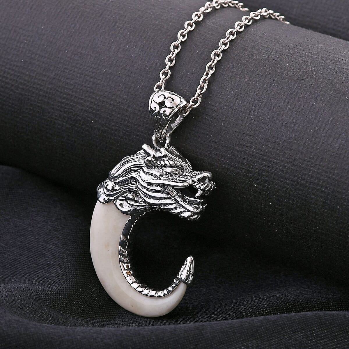 Bali Goddess Carved Bone Tiger Nail Dragon Pendant in Sterling Silver image number 1