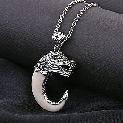Bali Goddess Carved Bone Tiger Nail Dragon Pendant in Sterling Silver