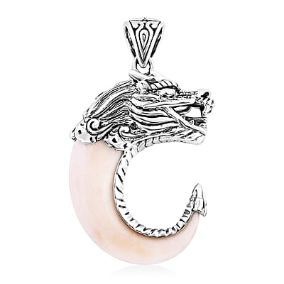 Bali Goddess Carved Bone Tiger Nail Dragon Pendant in Sterling Silver