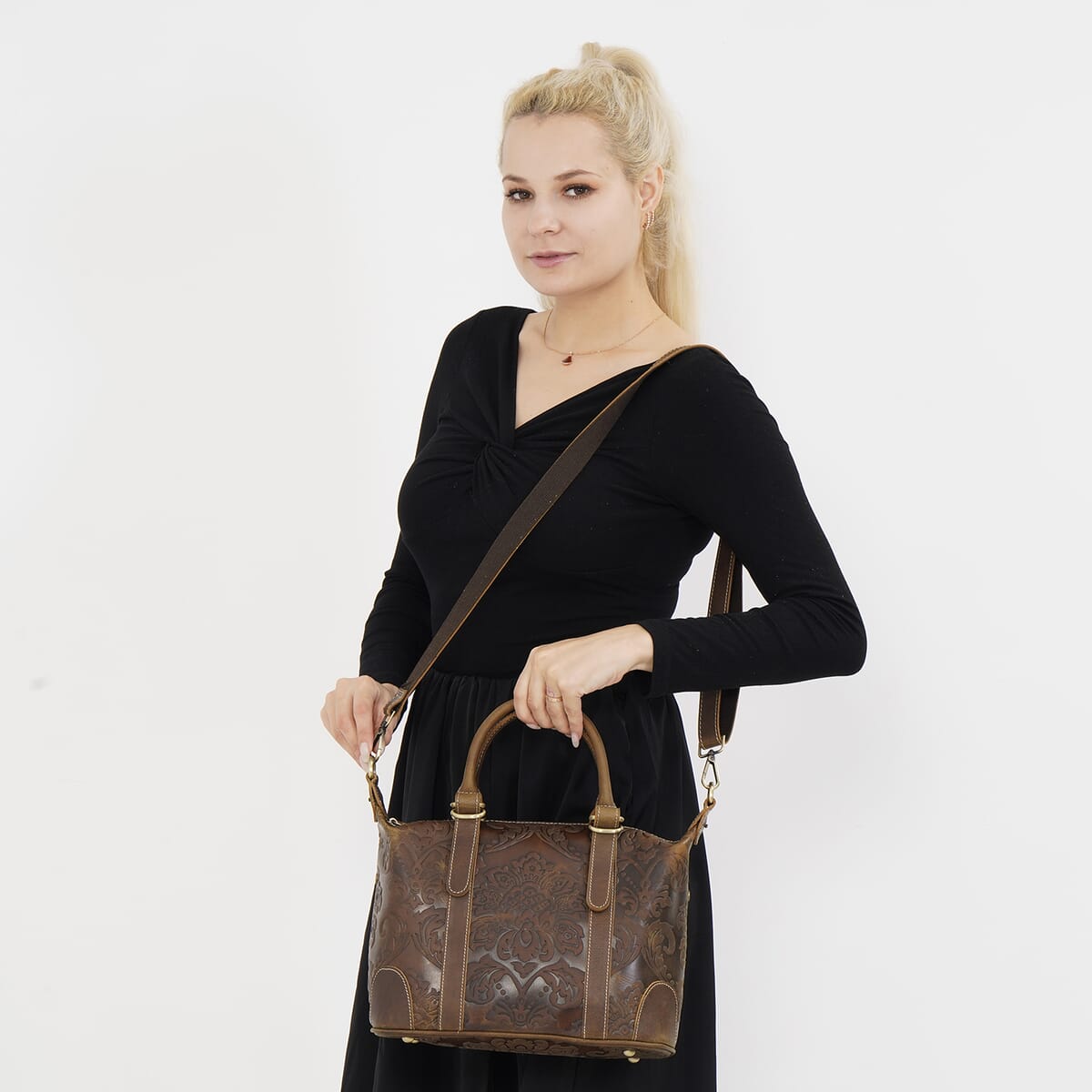Italy Retro Noble Collection Coffee Color Genuine Leather Crossbody Bag With Handle Drop and Shoulder Strap image number 1