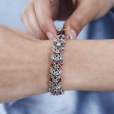 Multi-Tourmaline 3 Row Bracelet in Platinum Over Sterling Silver (6.50 In) 19.75 ctw
