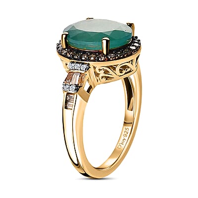 Premium Grandidierite, Natural Champagne and White Diamond Halo Ring in Rhodium & Vermeil Yellow Gold Over Sterling Silver (Size 10.0) 5.50 ctw
