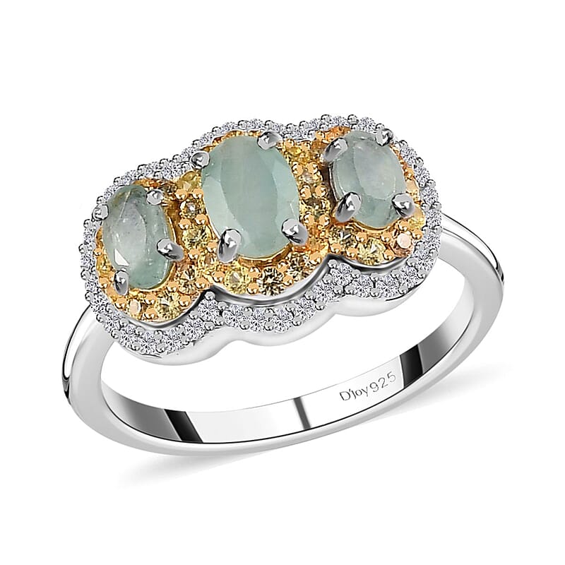 Grandidierite, Yellow Sapphire and White Zircon 1.70 ctw Triple Halo Ring in Platinum Over Sterling Silver (Size 10.0)