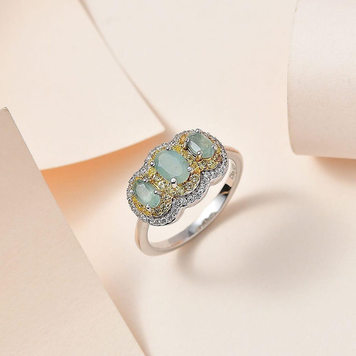 D'Joy Grandidierite, Yellow Sapphire and White Zircon 1.70 ctw Triple Halo Ring in Platinum Over Sterling Silver (Size 8.0) image number 1