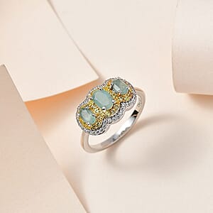 D'Joy Grandidierite, Yellow Sapphire and White Zircon 1.70 ctw Triple Halo Ring in Platinum Over Sterling Silver (Size 8.0)