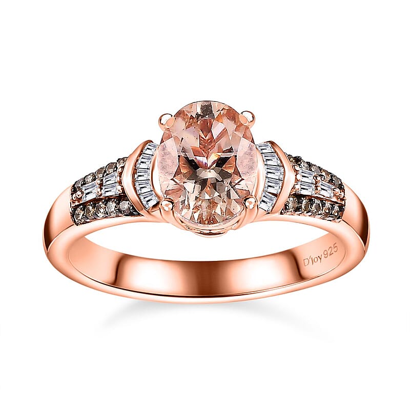 Premium Pink Morganite, Natural Champagne and White Diamond Ring in Vermeil Rose Gold Over Sterling Silver (Size 6.0) 1.50 ctw