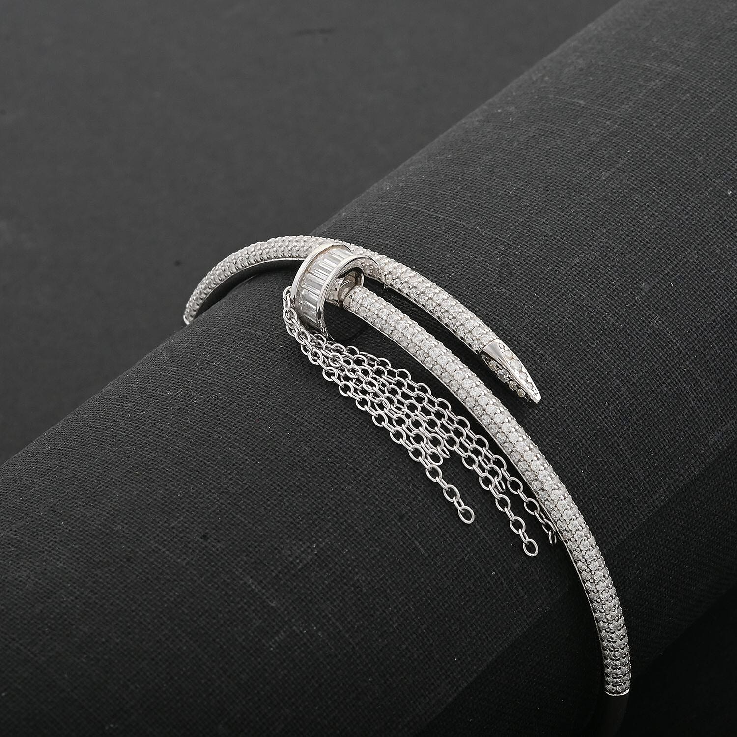 Lustro Stella Finest CZ Nail Bangle Bracelet in Rhodium Over Sterling Silver (7.50 In)
