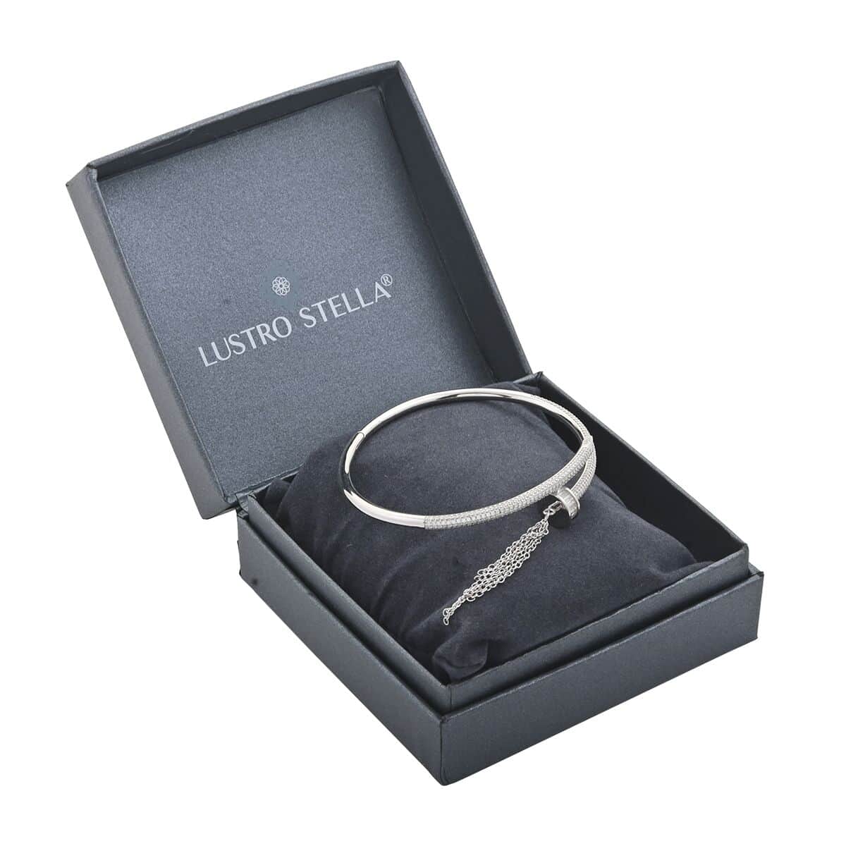 Lustro Stella Finest CZ Nail Bangle Bracelet in Rhodium Over Sterling Silver (7.50 In) image number 3